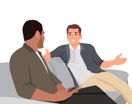 Téléchargez les illustrations : Deux personnes discutant d'investissement commercial sur le canapé. Illustration vectorielle plate isolée sur fond blanc - en licence libre de droit