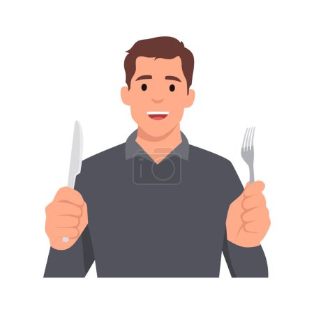Ilustración de Joven sosteniendo cuchillo y tenedor. Hombre hambriento esperando comida. Ilustración vectorial plana aislada sobre fondo blanco - Imagen libre de derechos