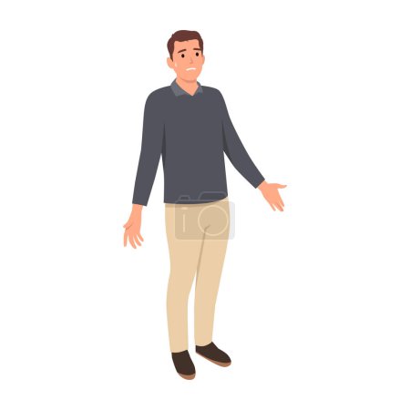 Illustration for Young man Gesture oops, sorry or I do not know. The man shrugs and spreads his hands. Flat vector illustration isolated on white background - Royalty Free Image