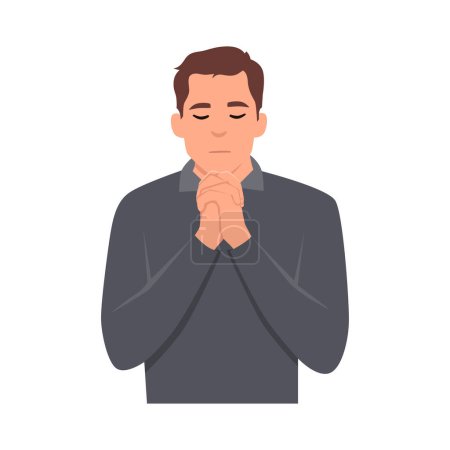 Illustration for Young man holding hands praying and making worship, religious concept. Flat vector illustration isolated on white background - Royalty Free Image
