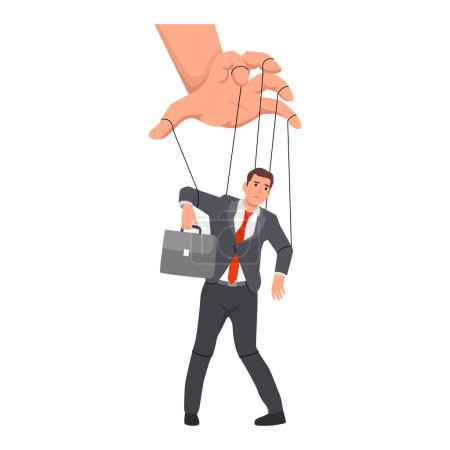 Illustration for Illustration of a puppet master controlling a businessman. Flat vector illustration isolated on white background - Royalty Free Image