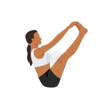 Woman doing Both Big Toe Pose, Double Toe Hold, Balancing Stick Pose, Dronasana. Practice Ubhaya Padangusthasana. Flat vector illustration isolated on white background
