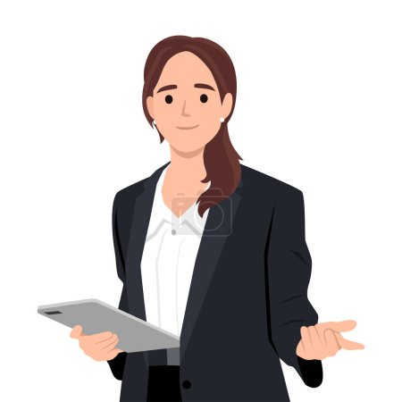 Illustration einer jungen Firmenmitarbeiterin, die lächelt und ihr digitales Tablet im Stehen hält. Flache Vektordarstellung isoliert auf weißem Hintergrund