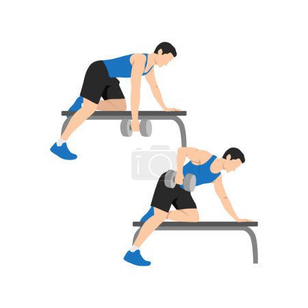 Mann macht einarmige Ruderübung. Flache Vektordarstellung isoliert auf weißem Hintergrund. Workout-Zeichensatz