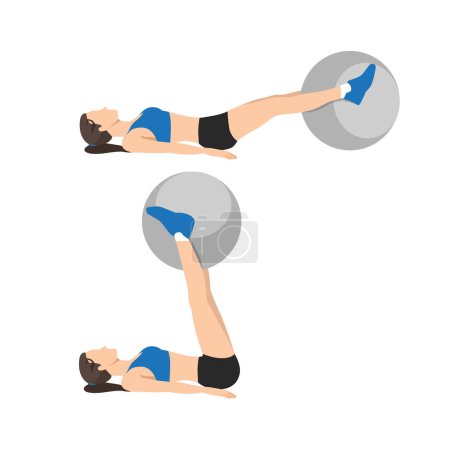 Mujer haciendo ejercicios de levantamiento de piernas de bola suiza. levantamientos de peso corporal ilustración vector plano