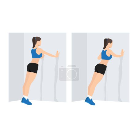 Illustration for Woman doing Wall push up. Standing press up exercise. Flat vector illustration isolated on white background. workout character set - Royalty Free Image