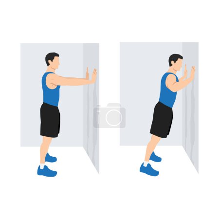 Illustration for Man doing Wall push up. Standing press up exercise. Flat vector illustration isolated on white background. workout character set - Royalty Free Image