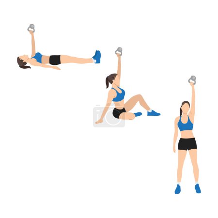 Illustration for Woman doing Turkish get ups exercise. Flat vector illustration isolated on white background - Royalty Free Image