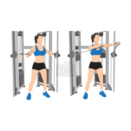 Woman doing standing cable chest press exercise, Flat vector illustration isolated on white background. Chest workout