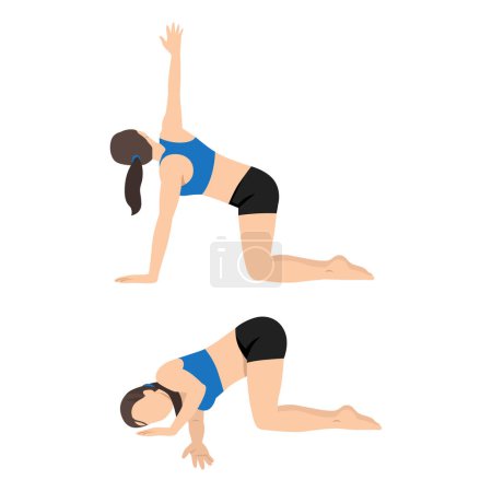 Woman doing Thread the Needle or Parsva Balasana stretch exercise. Flat vector illustration isolated on white background
