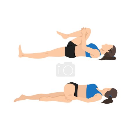 Ilustración de Ejercicio de estiramiento de rodilla a pecho a torcedura espinal. Ilustración vectorial plana aislada sobre fondo blanco - Imagen libre de derechos