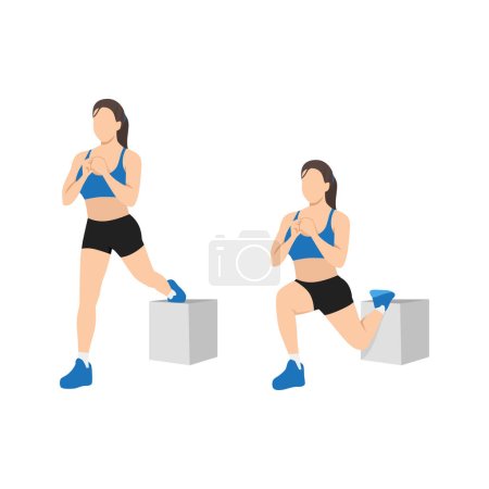 Téléchargez les illustrations : Femme faisant bulgare exercice squat split. Illustration vectorielle plate isolée sur fond blanc - en licence libre de droit