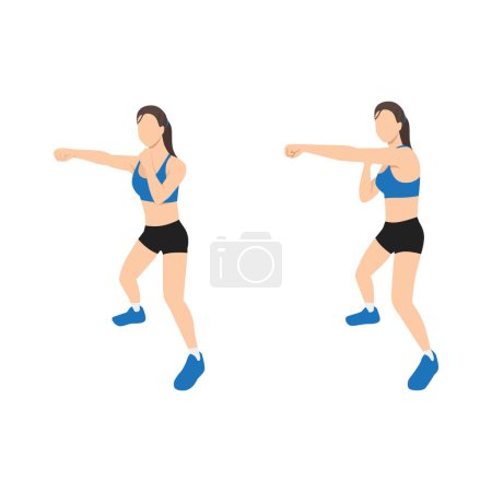 Téléchargez les illustrations : Femme faisant demi squat jab cross exercice. Illustration vectorielle plate isolée sur fond blanc - en licence libre de droit