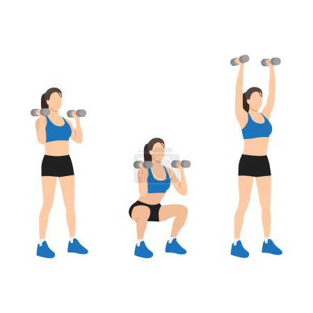 Illustration for Woman doing Dumbbell thrusters. Squat to overhead press exercise. Flat vector illustration isolated on white background - Royalty Free Image