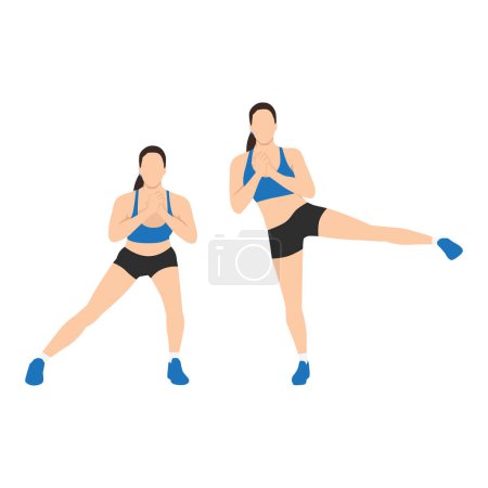 Téléchargez les illustrations : Femme faisant côte à côte fente à la jambe soulève l'exercice. Illustration vectorielle plate isolée sur fond blanc - en licence libre de droit