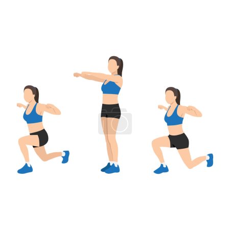 Illustration for Woman doing shoulder squeeze reverse lunge exercise. Flat vector illustration isolated on white background - Royalty Free Image