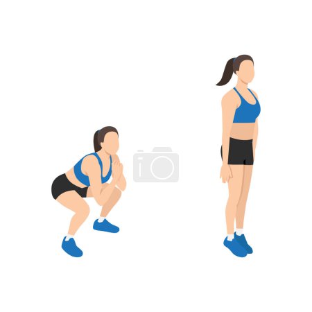 Illustration for Woman doing Squat jacks exercise. Flat vector illustration isolated on white background - Royalty Free Image