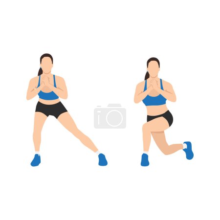 Téléchargez les illustrations : Femme faisant Side fente à l'exercice de fente réductrice. Illustration vectorielle plate isolée sur fond blanc - en licence libre de droit