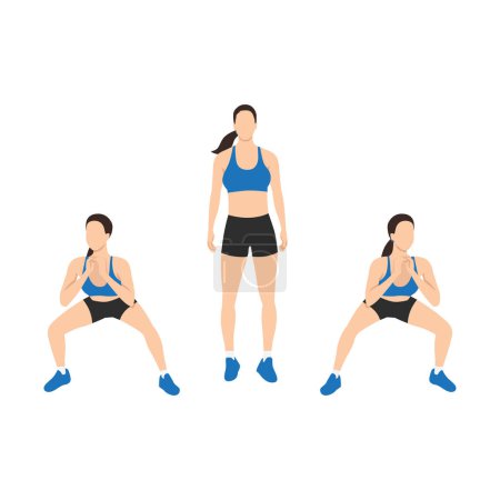 Téléchargez les illustrations : Femme faisant de l'exercice de squats côte à côte. Illustration vectorielle plate isolée sur fond blanc - en licence libre de droit