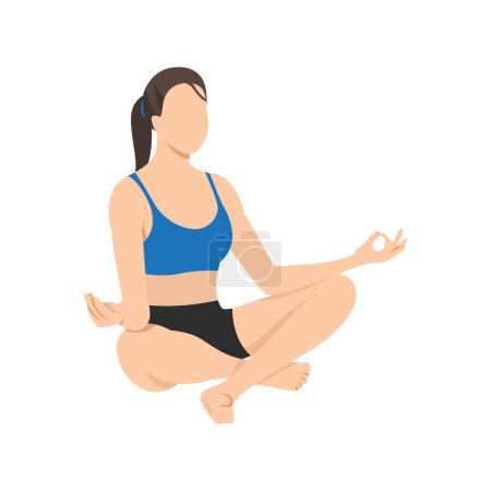 Téléchargez les illustrations : Femme faisant pose facile sukhasana exercice. Illustration vectorielle plate isolée sur fond blanc - en licence libre de droit