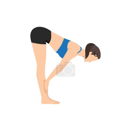 Mujer haciendo de pie media flexión hacia adelante pose ardha uttanasana ejercicio. Ilustración vectorial plana aislada sobre fondo blanco