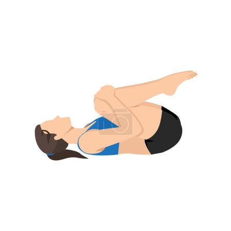Illustration for Woman doing knees to chest pose apanasana exercise. Flat vector illustration isolated on white background - Royalty Free Image