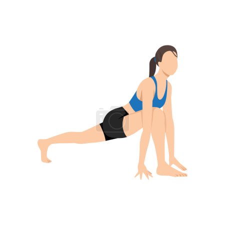 Illustration for Woman doing high lunge pose alanasana exercise. Flat vector illustration isolated on white background - Royalty Free Image