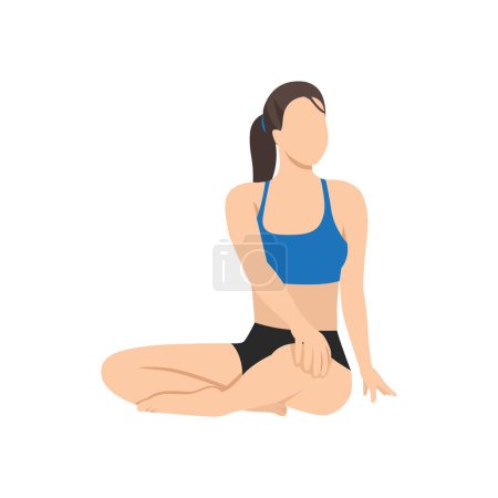 Illustration for Woman doing seated spinal twist pose parivrtta sukhasana exercise. Flat vector illustration isolated on white background - Royalty Free Image