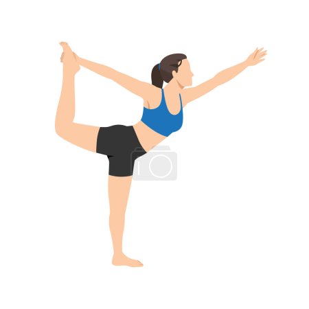 Illustration for Woman doing lord of the dance pose natarajasana exercise. Flat vector illustration isolated on white background - Royalty Free Image