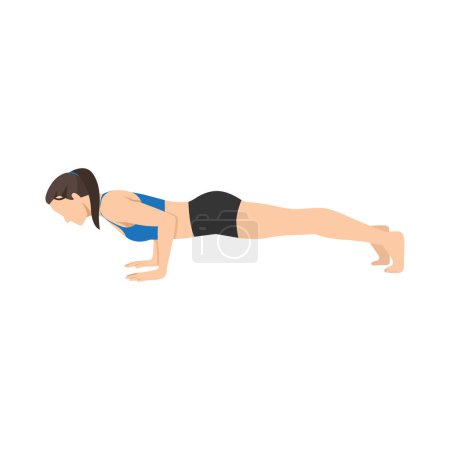 Illustration for Woman doing Low plank pose Chaturanga dandasana exercise. Flat vector illustration isolated on white background - Royalty Free Image