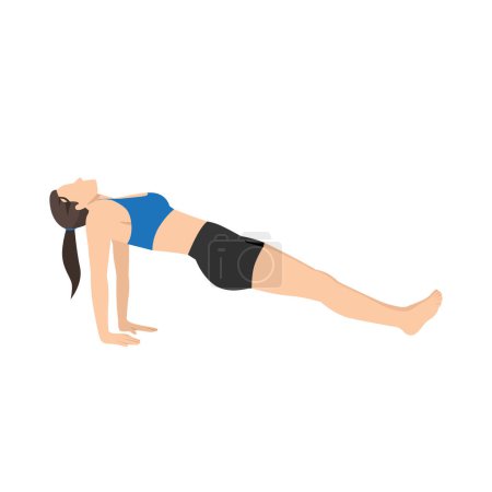 Ilustración de Mujer haciendo ejercicio de plancha hacia arriba pose purvottanasana. Ilustración vectorial plana aislada sobre fondo blanco - Imagen libre de derechos