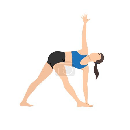 Illustration for Woman doing revolved triangle pose parivrtta trikonasana exercise. Flat vector illustration isolated on white background - Royalty Free Image