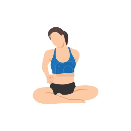 Téléchargez les illustrations : Femme faisant la pose facile avec l'exercice de sukhasana d'étirement d'oreille à épaule. Illustration vectorielle plate isolée sur fond blanc - en licence libre de droit
