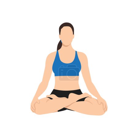 Téléchargez les illustrations : Femme faisant lotus pose padmasana exercice. Illustration vectorielle plate isolée sur fond blanc - en licence libre de droit