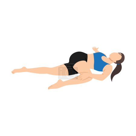 Ilustración de Mujer haciendo supta matsyendrasana columna vertebral supina pose ejercicio. Ilustración vectorial plana aislada sobre fondo blanco - Imagen libre de derechos