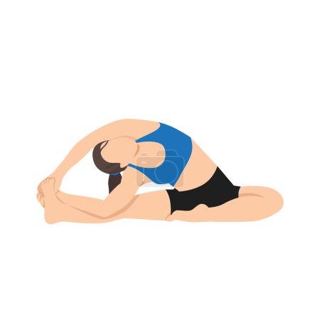 Illustration for Woman doing revolved head to knee pose parivrtta janu sirsasana exercise. Flat vector illustration isolated on white background - Royalty Free Image