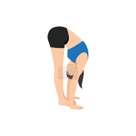 Mujer haciendo de pie hacia adelante doblar pose uttanasana ejercicio. Ilustración vectorial plana aislada sobre fondo blanco