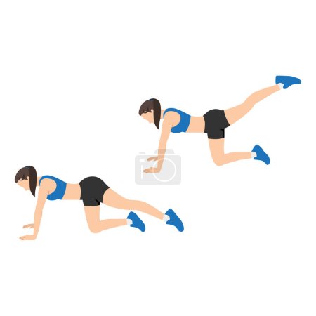 Ilustración de Mujer haciendo ejercicios de levantamiento de piernas. Ilustración vectorial plana aislada sobre fondo blanco - Imagen libre de derechos