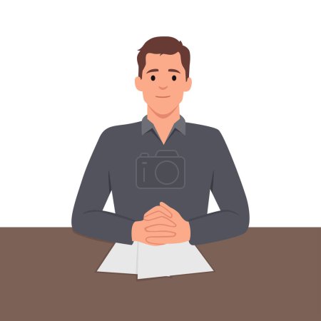 Illustration for Confident male job candidate hold CV with all filled form application. Successful man work applicant show excellent experience at interview. Flat vector illustration isolated on white background - Royalty Free Image
