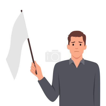 Illustration for Man with white flag gives up, admitting own defeat due to lack of strength and motivation to fight and achieve goals. Flat vector illustration isolated on white background - Royalty Free Image