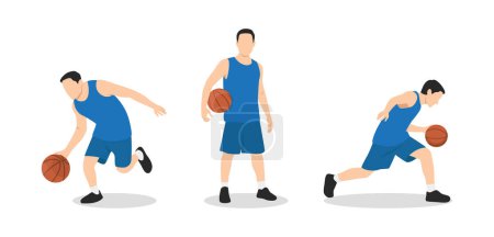 Jugador de baloncesto. Grupo de 3 jugadores de baloncesto diferentes en diferentes posiciones de juego. Ilustración vectorial plana aislada sobre fondo blanco