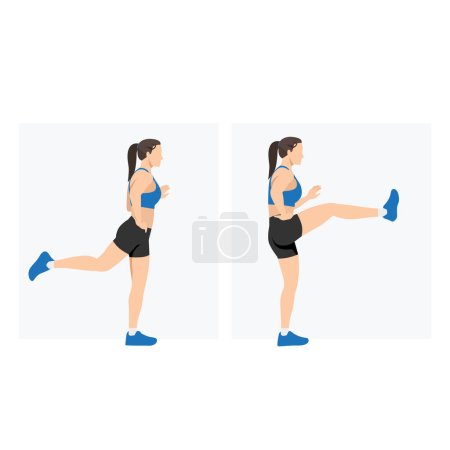 Woman doing forward leg swings holding on the wall exercise. Flat vector illustration isolated on white background
