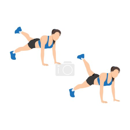 Ilustración de Mujer haciendo ejercicio de pulsos de extensión de pierna de tablón. Ilustración vectorial plana aislada sobre fondo blanco - Imagen libre de derechos