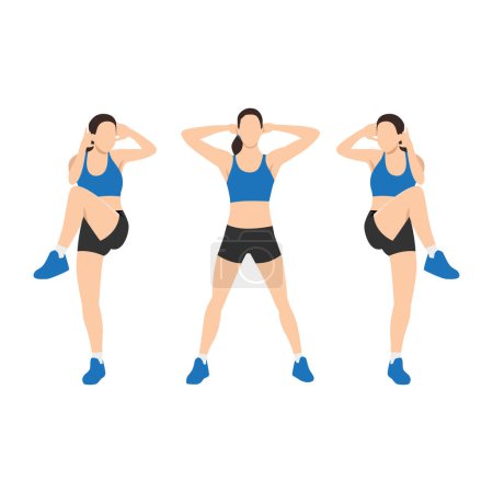 Illustration for Woman doing Standing criss cross crunches exercise. Flat vector illustration isolated on white background - Royalty Free Image