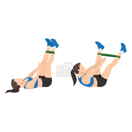 Ilustración de Mujer haciendo ejercicio crujiente de secuestro de pierna de banda. Ilustración vectorial plana aislada sobre fondo blanco - Imagen libre de derechos