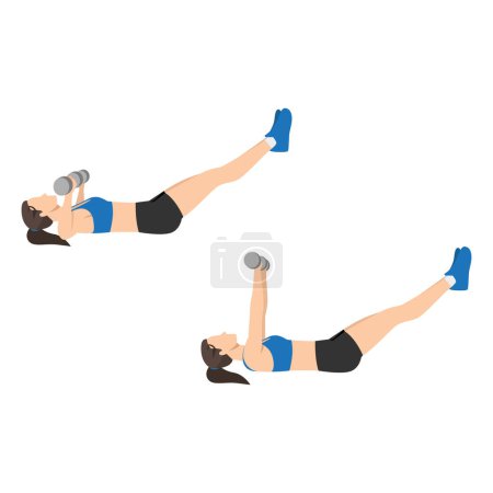 Illustration for Woman doing Chest press with legs extended exercise. Flat vector illustration isolated on white background - Royalty Free Image