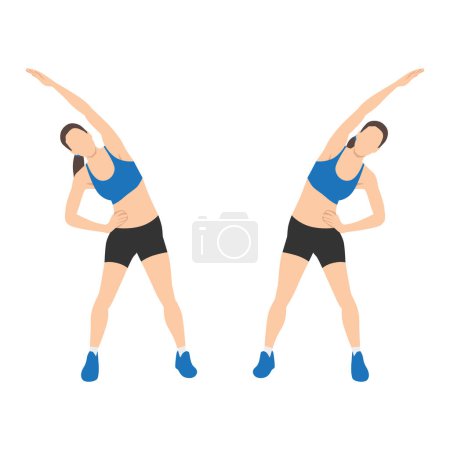 Illustration for Woman doing Obliques stretch exercise. Flat vector illustration isolated on white background - Royalty Free Image