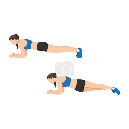 Illustration for Woman doing Plank hip dips exercise. Flat vector illustration isolated on white background - Royalty Free Image