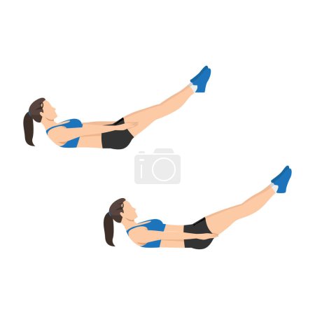 Téléchargez les illustrations : Femme faisant cent exercices Pilates. Illustration vectorielle plate isolée sur fond blanc - en licence libre de droit