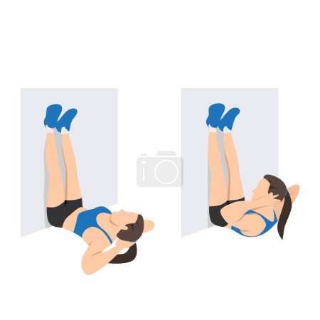 Illustration for Woman doing Legs up the wall crunch exercise. Flat vector illustration isolated on white background - Royalty Free Image